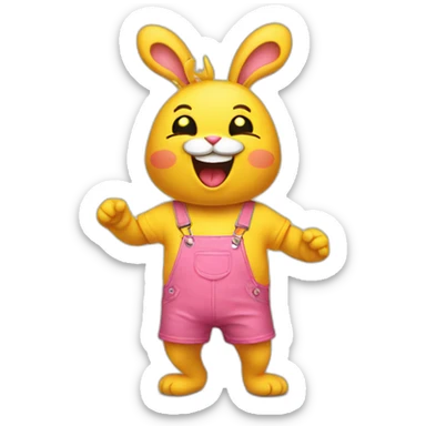 Pink rabbit wearing yellow tee shirt, laughing sticker