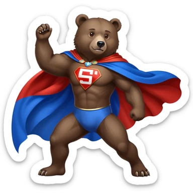 Medium-dark brown bear on four legs with Russian flag as a flowing cape, white, blue and red cloth draped over its back like a superhero cape sticker