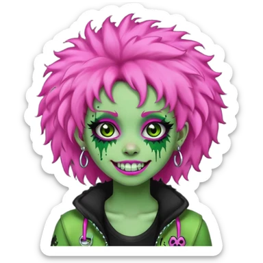 girl, green zombie,pink afro, long, emo, shaggy, dark, spooky,double eyebrow dermal piercing, cute illuminous smile sticker