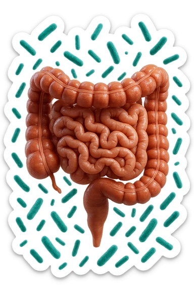 intestino umano anatomico realistico con batteri intestinali turchesi che fluttuano intorno, IPERREALISTICA 4K sticker