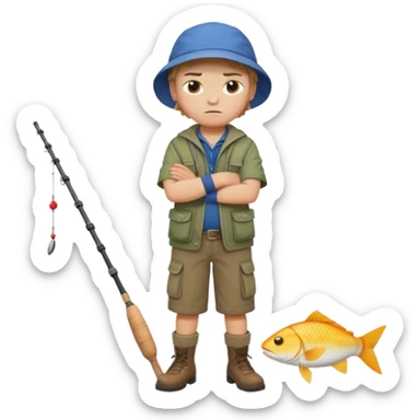 A boy with crossed arms, looking annoyed, dressed in fishing clothes full body sticker