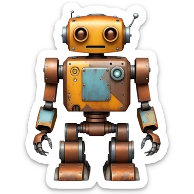 Rusted scavenger robot with patchwork body plates sticker