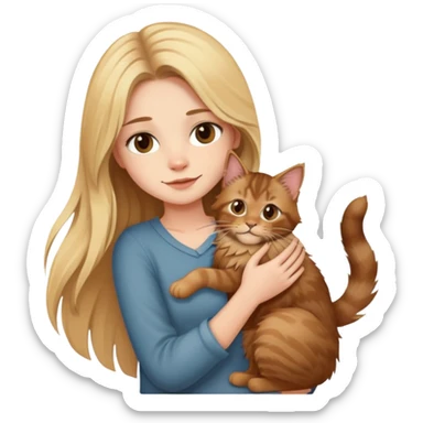 A blonde girl holds a brown Maine Coon cat in her arms sticker