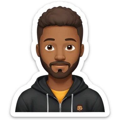 African yound man in his late 20s with a wink and  full short boxed beard and moutache , and a low cut hair, black hoody sticker