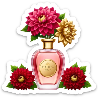 An elegant perfume bottle in Angel Pink with intricate golden details, standing beside a lush bouquet of Vivid Red and Deep Red Dahlias, softly illuminated in a romantic, warm glow sticker