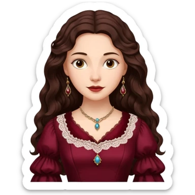 Renaissance lady – long dark brown wavy hair, burgundy gown with lace neckline sticker