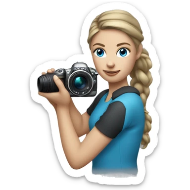 Girl with dark blonde loose ponytail and BLUE eyes Holding a Nikon Camera in her hands sticker