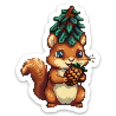 Greedy squirrel with big pine cone on head, weird creepy expression, hungry looking sticker