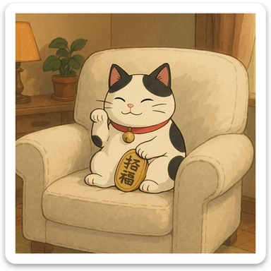 White and black Chinese lucky cat on a cozy white armchair  sticker