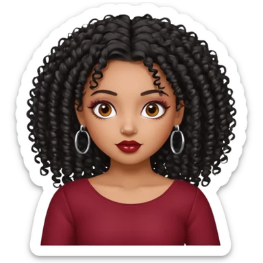 a pretty bratz dusky girl with curly black hair, kajal under eyes, small silver hoop. dark red full sleeve sticker