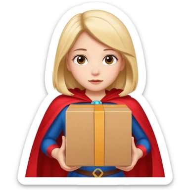 generate me a girl with a cape lifting a box that is filled with discrimination sticker