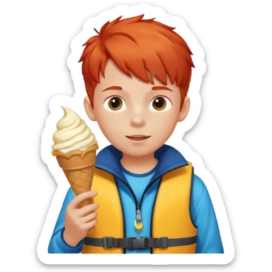 boy kid red haired wearing lifejacket, eating ice cream, sun sticker