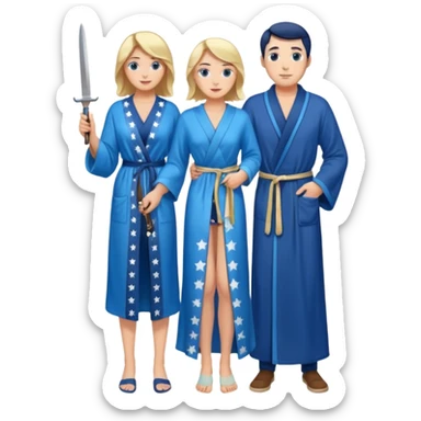 An upright Europe (a tall woman), wearing a blue, flowing robe with stars on the hem. In the background stands a man, with a knife
He has to stand behind her. the top of the knife to her back sticker