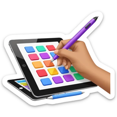 A hand having a digital pen drawing colorful rectangules on a tablet sticker
