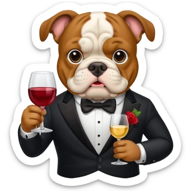 Bulldog wearing a tux holding a wine glass sticker