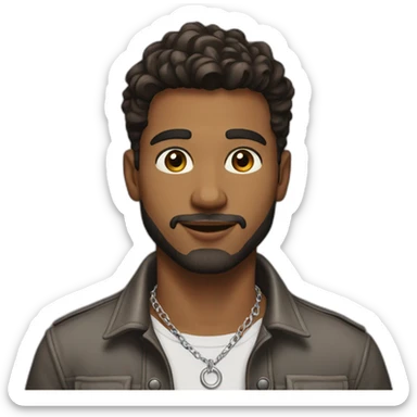 The guy is 23 years old, Alexander, hairstyle on the side, short beard, brown eyes, dressed in an unbuttoned shirt and jacket, silver chain on the neck sticker