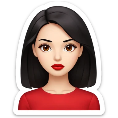 Glamorous young woman with defined features, expressive brown eyes, full lips with red lipstick, light brown complexion, sleek black hair, wearing a red blouse sticker