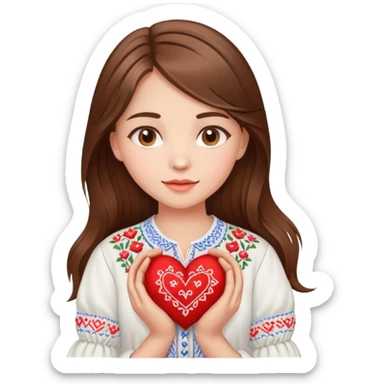 Beautiful young girl with brown hair in a white Ukrainian embroidered shirt holding a large embroidered heart sticker