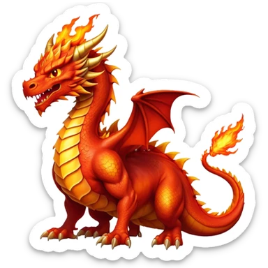 cinematic-noble-fierce-fire-dragon-full body-emoji,-poised-and-imposing,-with-a-muscular,-scaled-body-ablaze-in-fiery-hues-of-crimson,-molten-orange,-and-molten-gold,-and-intense,-burning-eyes-that-mirror-the-heart-of-a-volcano;-rendered in detail, displaying hi sticker
