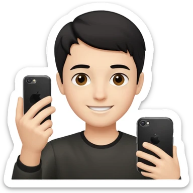 generate a pretty bratz fair skinned boy with short black hair taking a selfie sticker