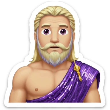 Zeus from Olympus Gods with long blonde hair and beard, purple sequin loincloth sticker
