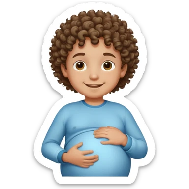 smiling boy with curly hair, and light dark skin  with a pregnant belly sticker