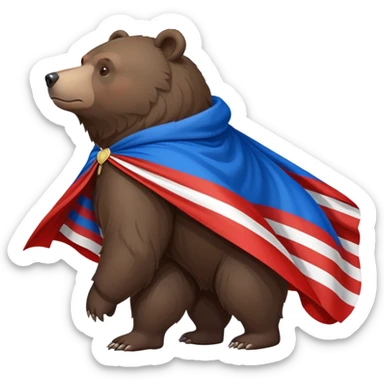 Medium-dark brown bear on all four legs with Russian flag (white, blue, red horizontal stripes) draped over its back like a cape or cloak, flowing slightly, side view sticker