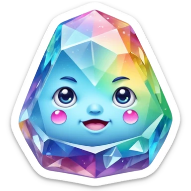 A single pastel rainbow crystal rock character, chubby and heavy with a chunky, irregular polygon shape,covered in faceted crystal planes and small chips, big glossy rainbow eyes  sticker
