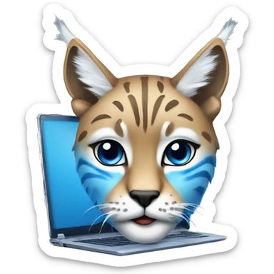 A blue lynx with a laptop sticker