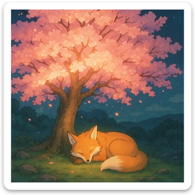 Fox spirit sleeping under a glowing sakura tree. sticker