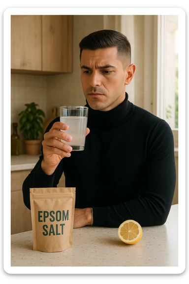 A realistic, bright photo-style image of a young man in his 30s standing in his kitchen, holding a clear glass filled with water in which Epsom salt (magnesium sulfate) has been dissolved. He looks focused but slightly uncertain as he prepares to drink it for a liver flush or digestive cleanse. The glass shows slight cloudiness from the dissolved salt. On the counter are a packet labeled 'Epsom Salt' and a sliced lemon, suggesting he might use it to mask the taste. The setting is clean, natural, and bright with neutral tones. The background shows sunlight streaming through a window, emphasizing a clean, minimalist health-focused environment. The mood conveys a realistic, calm moment of self-care with a hint of discomfort, illustrating a natural detox practice in italiano sticker