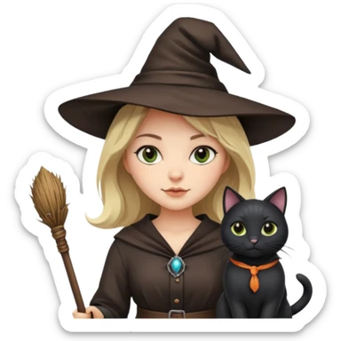 a witch with a hat and a broomstick and a black cat sticker