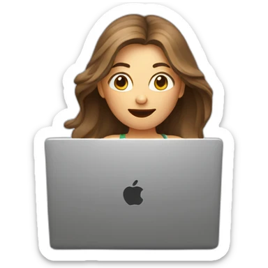 women in front of a laptop with a surprised face, brown light long hair, she is looking the laptop, hair in the air, caucasian sticker
