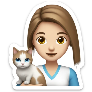 woman with long brown hair and holding a all white British long hair cat with blue eyes sticker