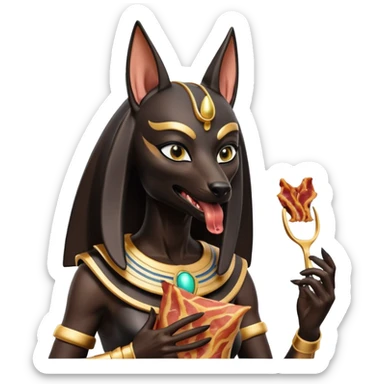  Friendly Black fur beautiful female alien anubis statue posed biting on store-brand bacon packaging  sticker