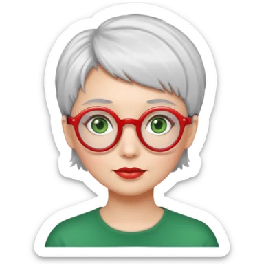 visage femme a lunettes ronde rouge avec cheveux courts gris-blancs aux yeux verts sticker