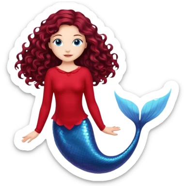 A thin mermaid with long curly dark brown hair with fair skin and blue eyes, red clothes and a red fin in an elegant pose sticker
