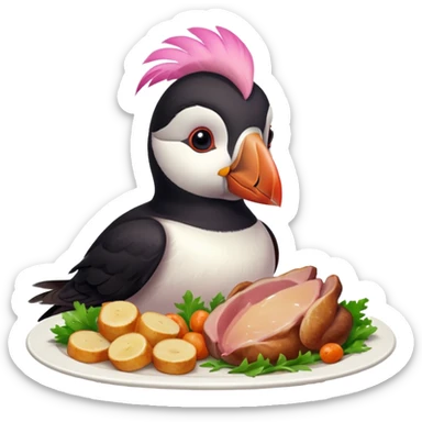 pink puffin that is pink-colored eating roast dinner sticker
