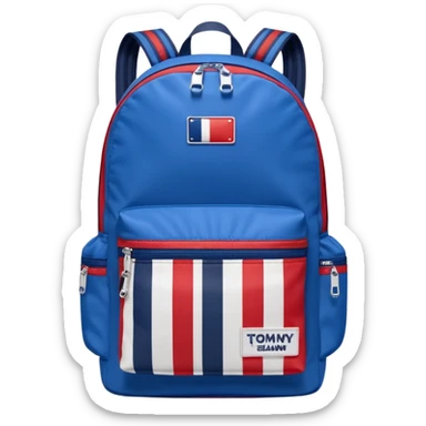 simple blue backpack, at the bottom pocket there is a  one tommyjeans logo featuring a Tommy Jeans-inspired logo. The logo looks like a vertically-flag in red, white. The flag stripes are vertical, not horizontal. Flat

 sticker