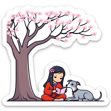 A beautiful 25-year-old Chinese woman with long black hair and a pure dark grey Italian Greyhound with absolutely NO white markings anywhere on its body sitting under a cherry blossom tree. The dog must be completely solid dark grey with no white on muzzle, paws, or chest. sticker