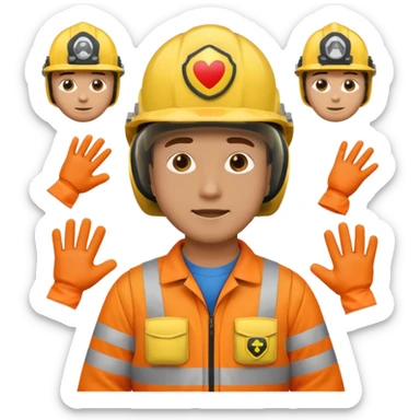 a guy wearing safety outfit with helmet standing , around him safety gears emojis  sticker