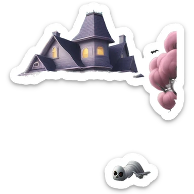 Barbie’s and Batman’s 6 story tall very haunted dream house with complete wrap-around porch, tall thorn bushes,and ghosts,guests, and spider webs everywhere and some broken windows and boards. The grass in the yard is dead.  sticker