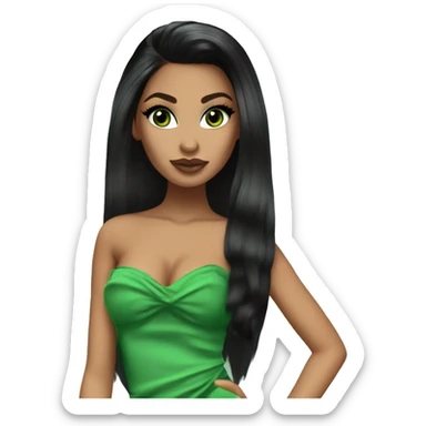 Bratz, club, cocktail dress, black balayage hair, half up half down hair, olive skin, green almond winged eyeliner with big lashes sticker