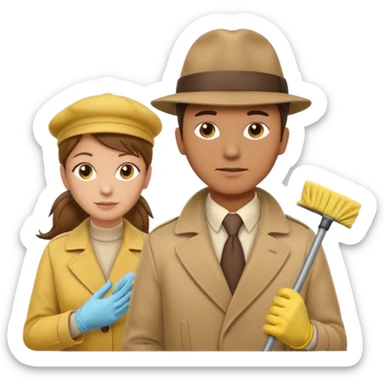 a Detective man with beige hat, a beige coat is interviewing the cleaning Lady with Brown hair, high ponytail and yellow cleaning gloves sticker