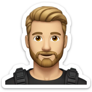 White man with slight tan, brown eyes and hair. He has beard stubble and mustache trimmed. Wears black clothing. His hair is an symmetrical undercut with side fade, styled sideways sticker
