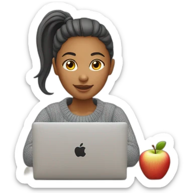 Woman with ponytail and gray sweater sitting at table with Apple laptop sticker