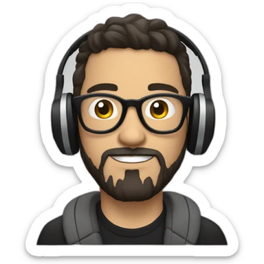 White music producer with dark hair and a short “salt & pepper” beard, and clear round glasses, wearing headphones sticker
