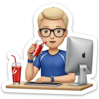 Hombre blanco con gafas tomando un refresco frente a un ordenador con ropa de deorte sticker