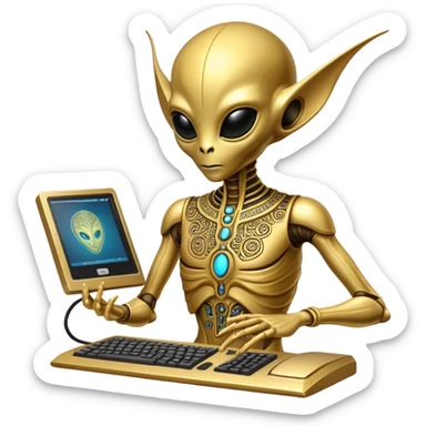 frontview golden alien ancient computer server sticker