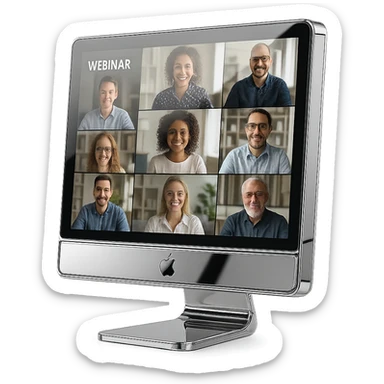 reflective chrome monitor showing a video call with multiple participants, symbolizing a webinar sticker